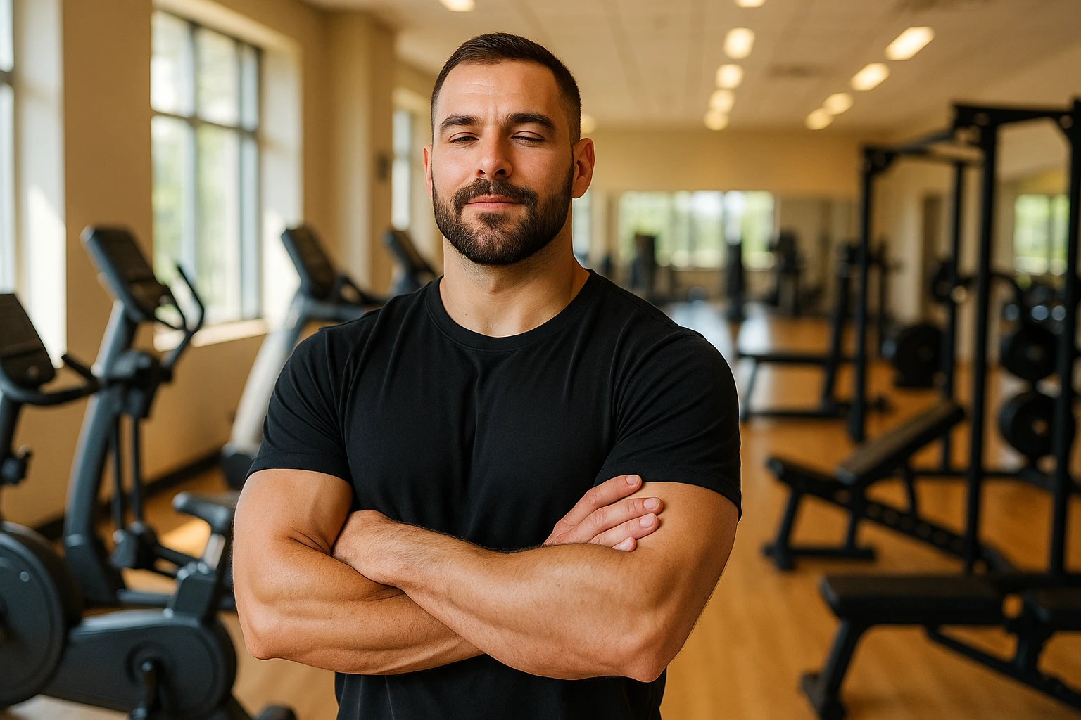 uomo sicuro di sè a braccia conserte, ben allenato e sereno, sullo sfondo una palestra emoji