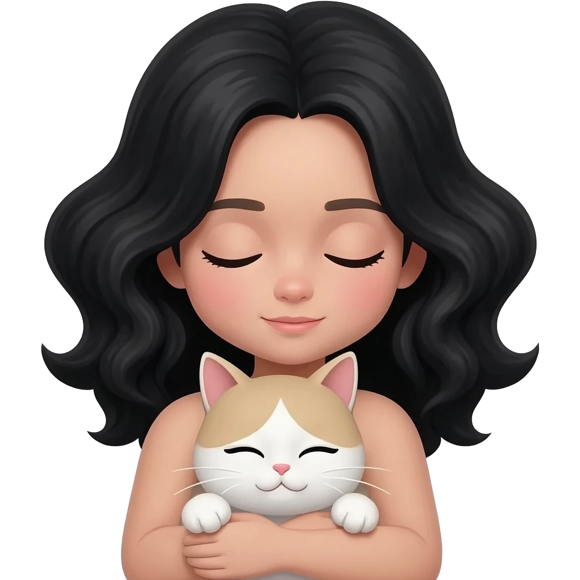 Girl with black wavy hair and she is white, sleepy with cat emoji