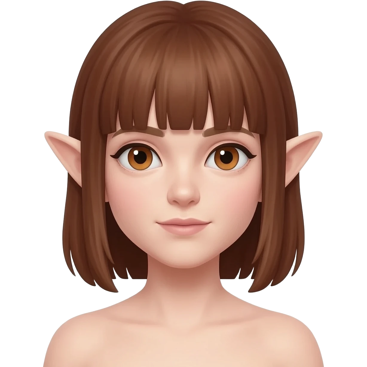 Un hada elfa castaña con flequillo de ojos cafés claro pálida emoji