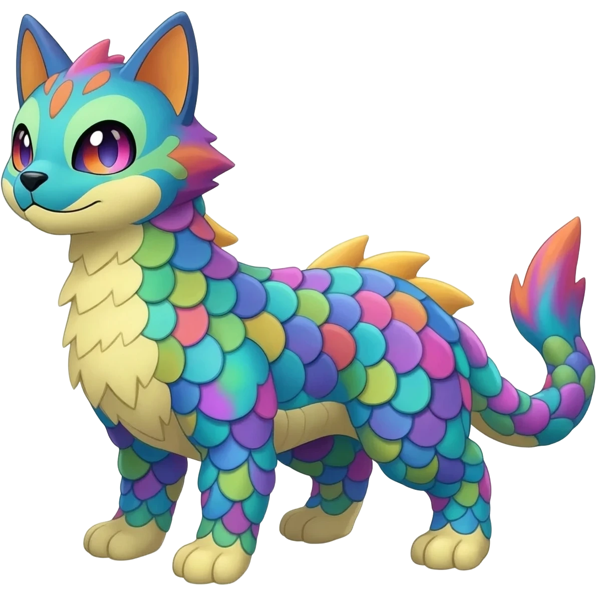 Colorful scaly flurry Latias-Vernid-Lombax-Renamon-Zeraora-Bastet-Fakémon-hybrid-fusion-creature, full body emoji