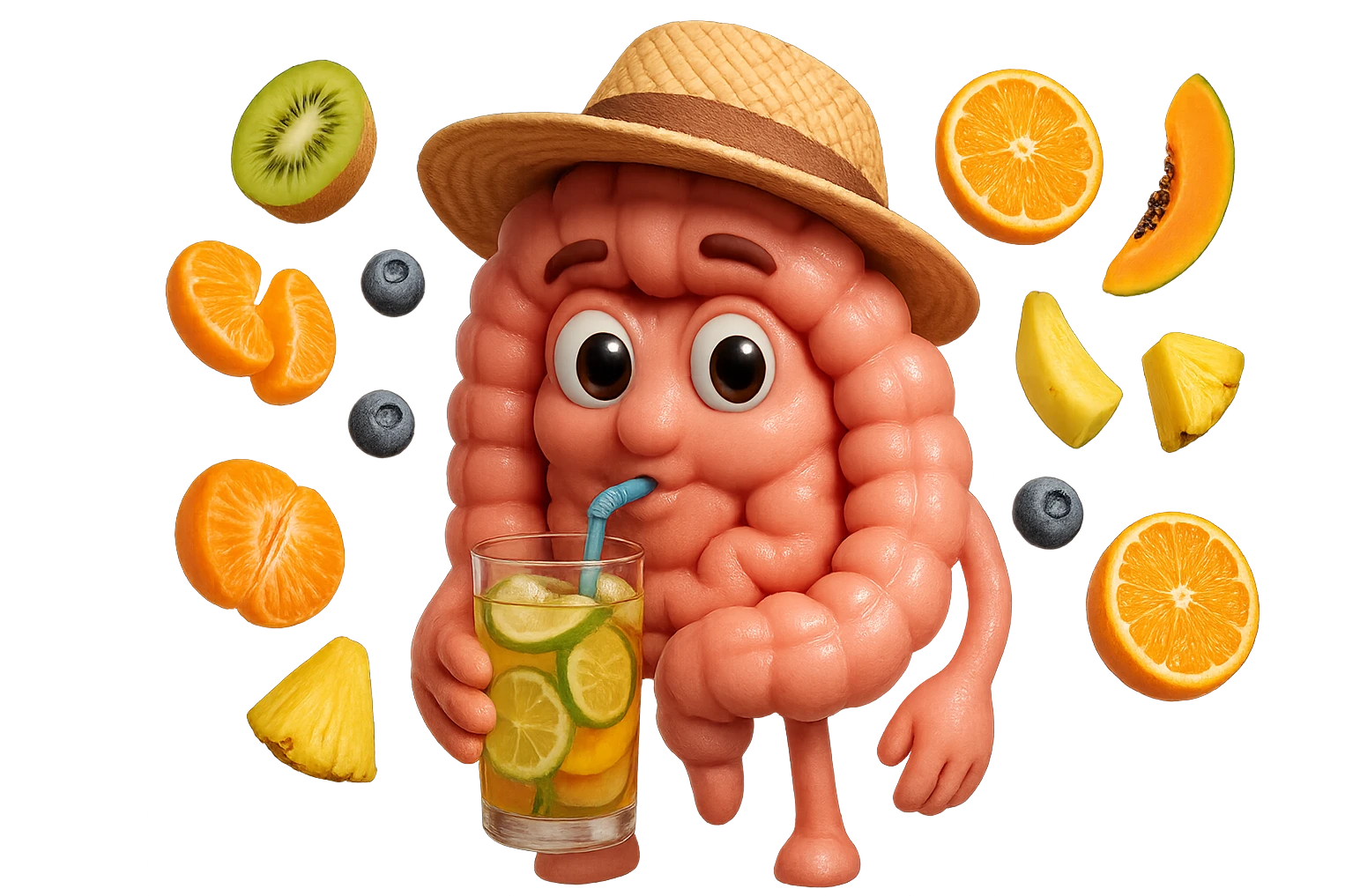 EMOJI STILE IPHONE DI INTESTINO UMANO REALISTICO CON CAPPELLO DI PAGLIA DA SPIAGGIA CHE BEVE UN Tè FREDDO IN BICCHIERE DI VETRO CON DENTRO  fette di cetriolo, limone, lime, DIETRO L'INTESTINO FLUTTUANO PEZZETTI DI Kiwi
Banana acerba
Arance e mandarini
Mirtilli
Ananas
Papaya
IPERREALISTICO 4K emoji
