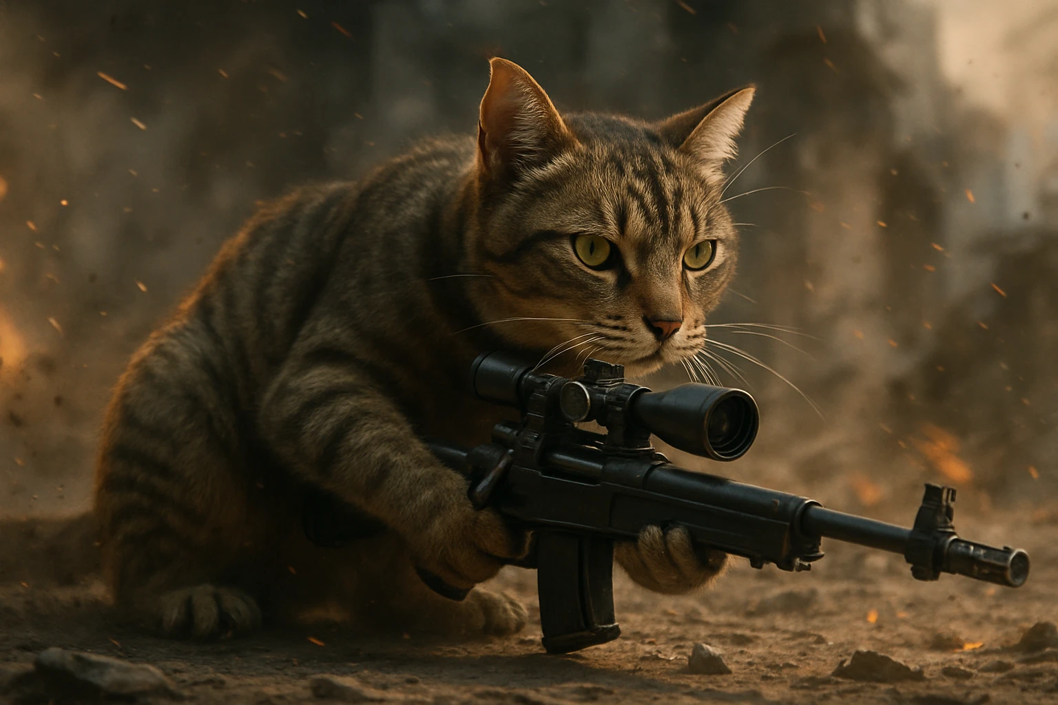 a realistic cat with a sniper rifle, action scene emoji
