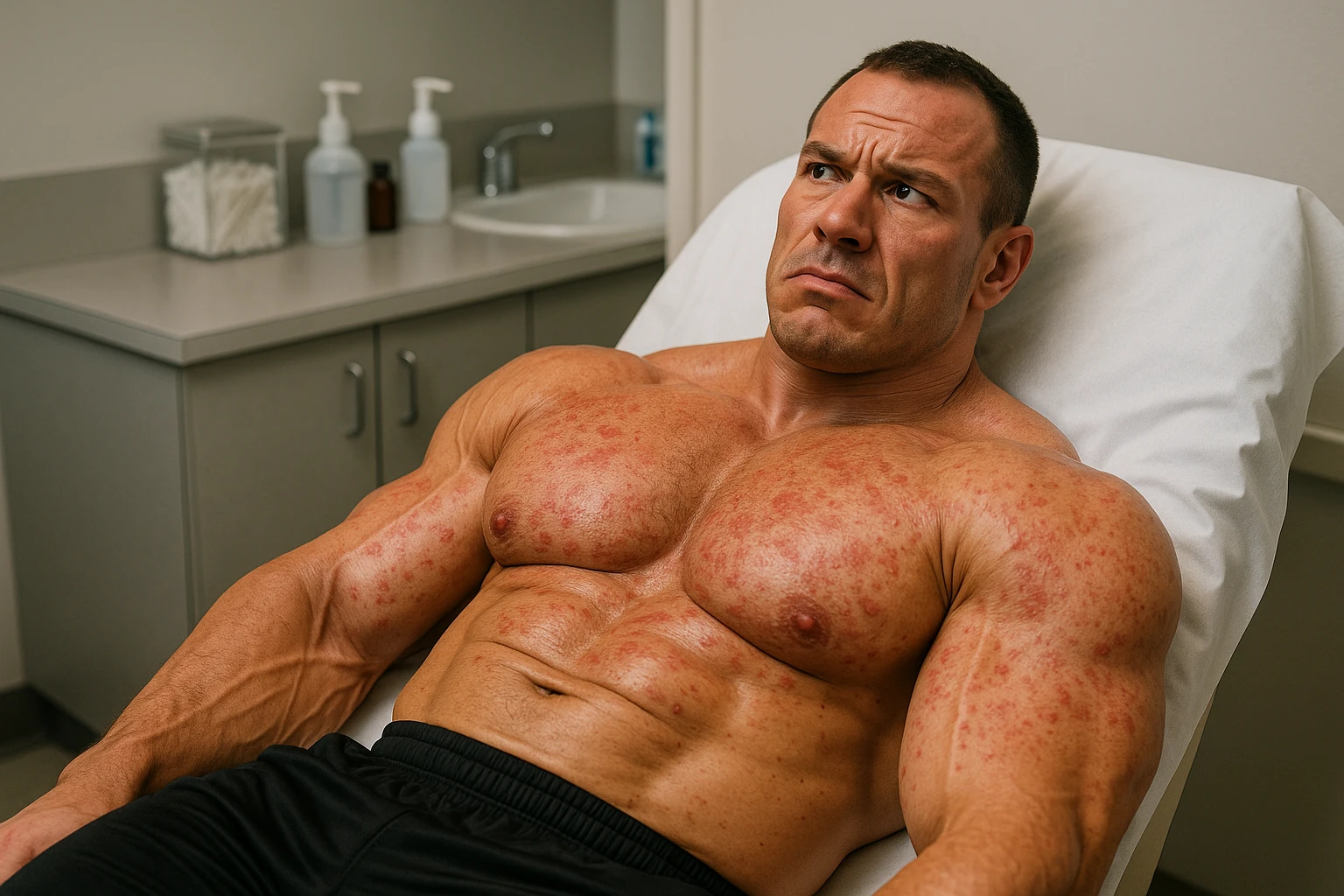 BODYBUILDER STESO SUL LETTINO DI UN MEDICO CON IRRITAZIONE CUTANEA, iperrealistico 4k emoji