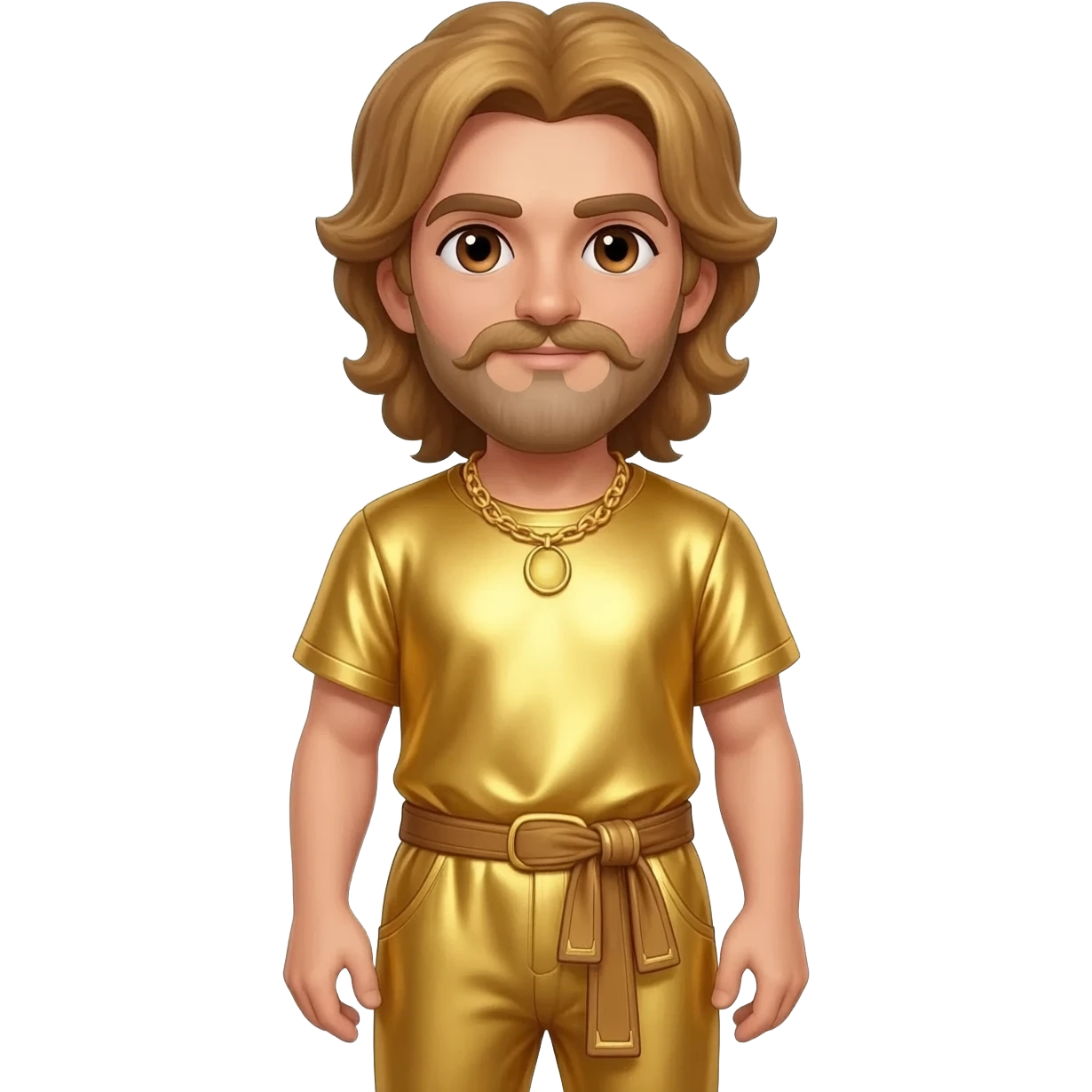 King Midas from Greek Mythology with brown eyes, golden brown hair, gold metallic shirt, gold metallic baggy pants, gold necklace emoji