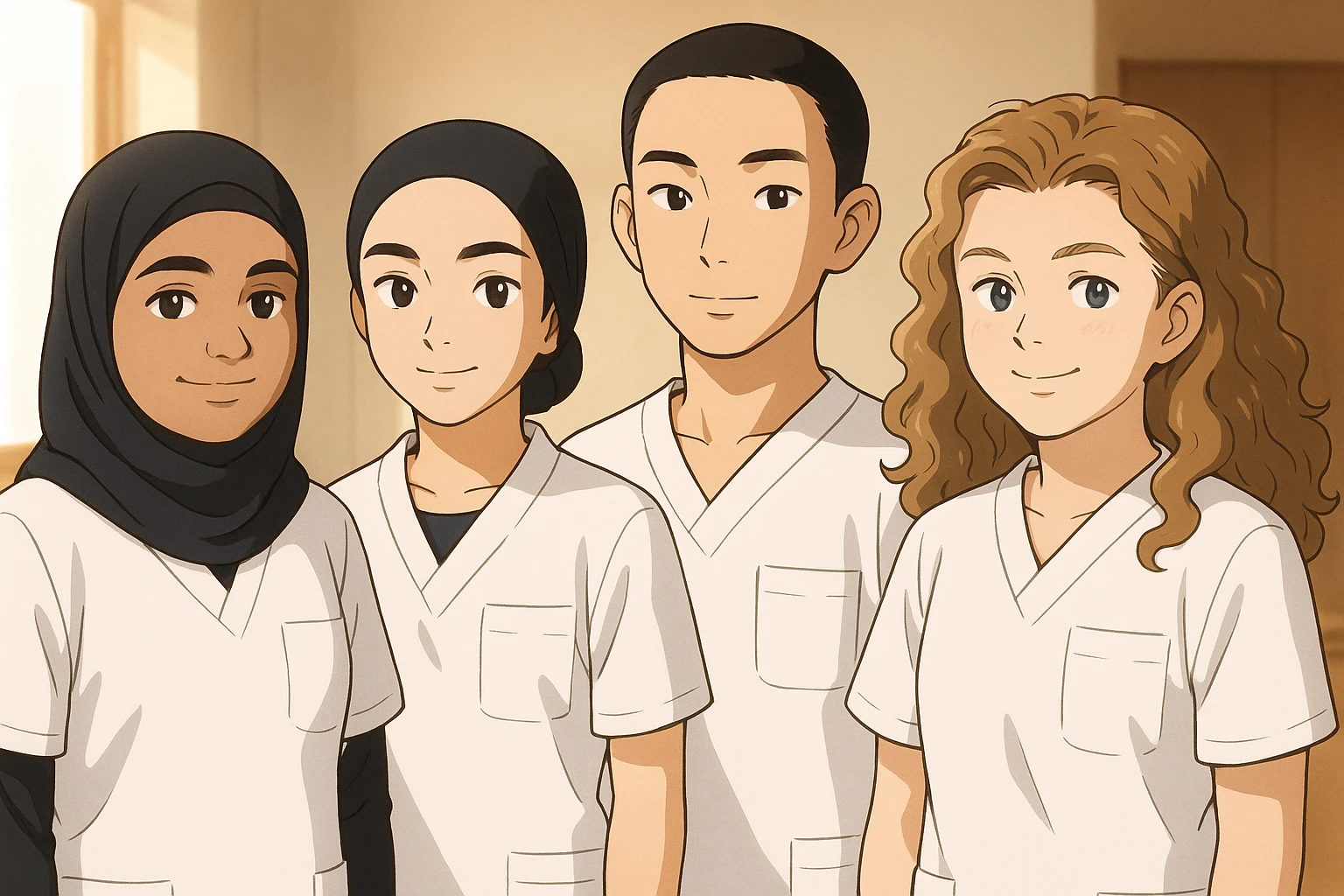 Four nursing students standing side by side indoors, each wearing a white short-sleeved uniform with a V-neck medical tunic, left chest pocket, no collar stand, no stethoscope, nothing protruding from the sleeves, bright ambiance, no feet visible. emoji