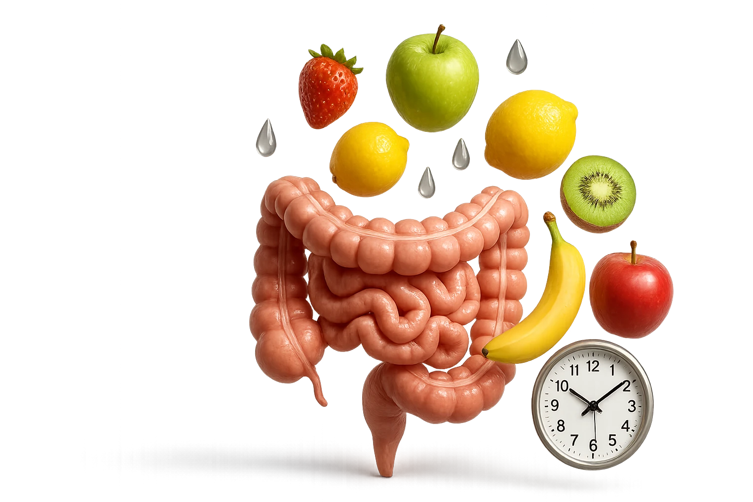 frutta mista cade dall'alto verticalmente insieme a 3 gocce di acqua 3d e un orologio da parete, davanti a questi elementi c'è un intestino umano anatomico iperrealistico emoji