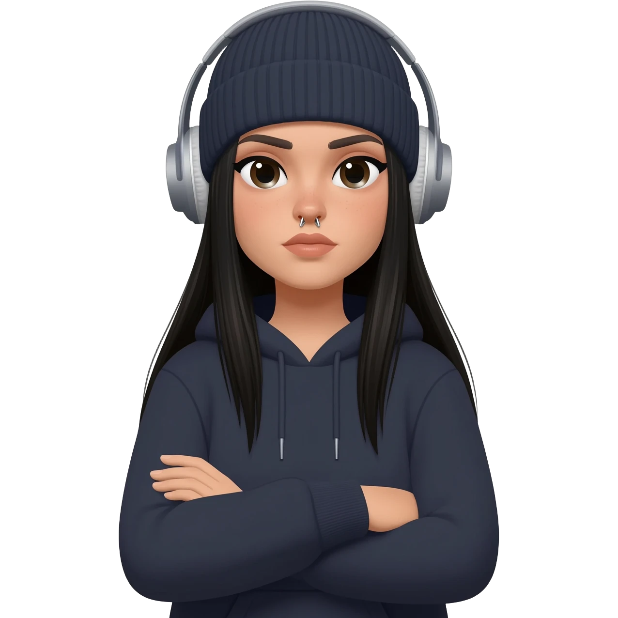 White curvy female with long straight black hair wearing a beanie and standing with arms crossed wearing a hoodie and both nostrils pierced listening to music emoji