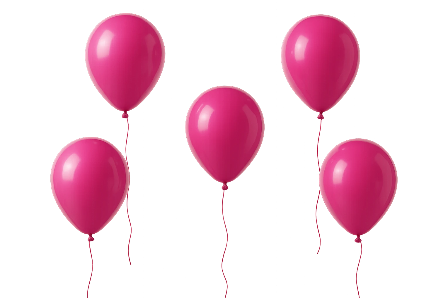 5 palloncini magenta fluttuano in aria isolati su sfondo bianco, iperrealistico 4k emoji