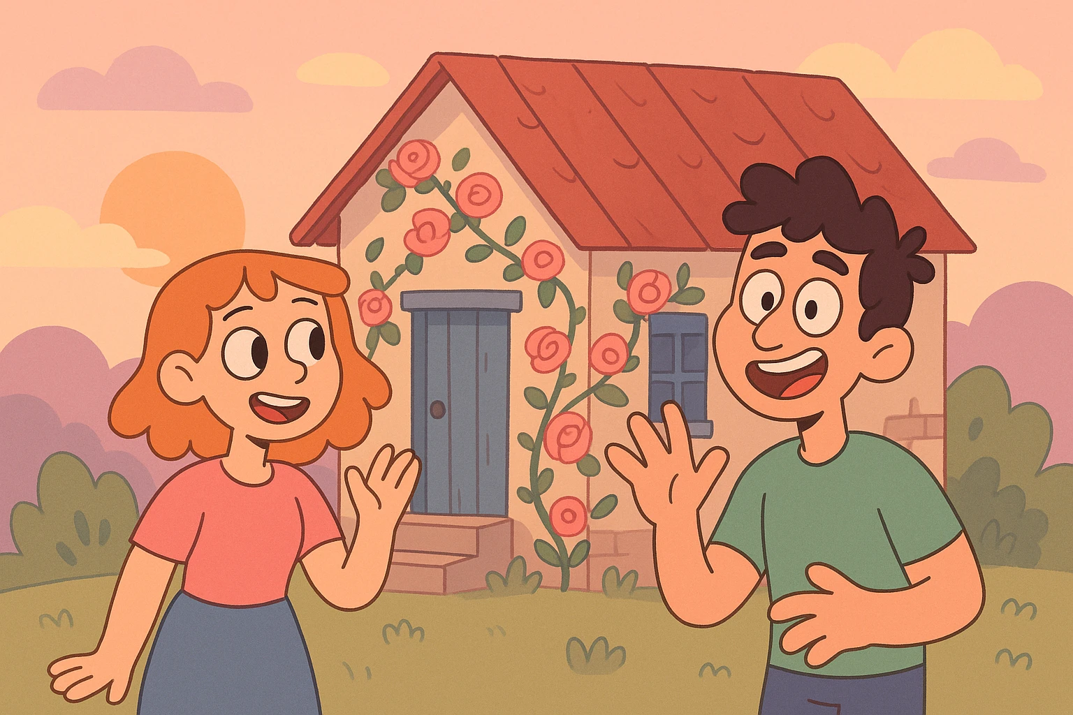 shabby house, pink roses climbing the walls, sunset in the background, everything in soft pastel colors emoji