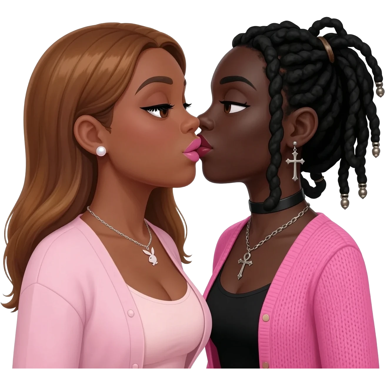 Bimbo, pearl earrings stud, Light pink cute lips, black eyebrows, long honey brown hair, dark brown skin, playboy necklace with lashes, light pink cardigan shirt, kissing the goth black girl with pink cardigan shirt, with brown skin, cross earrings, ankh necklace with black dreadlocks emoji