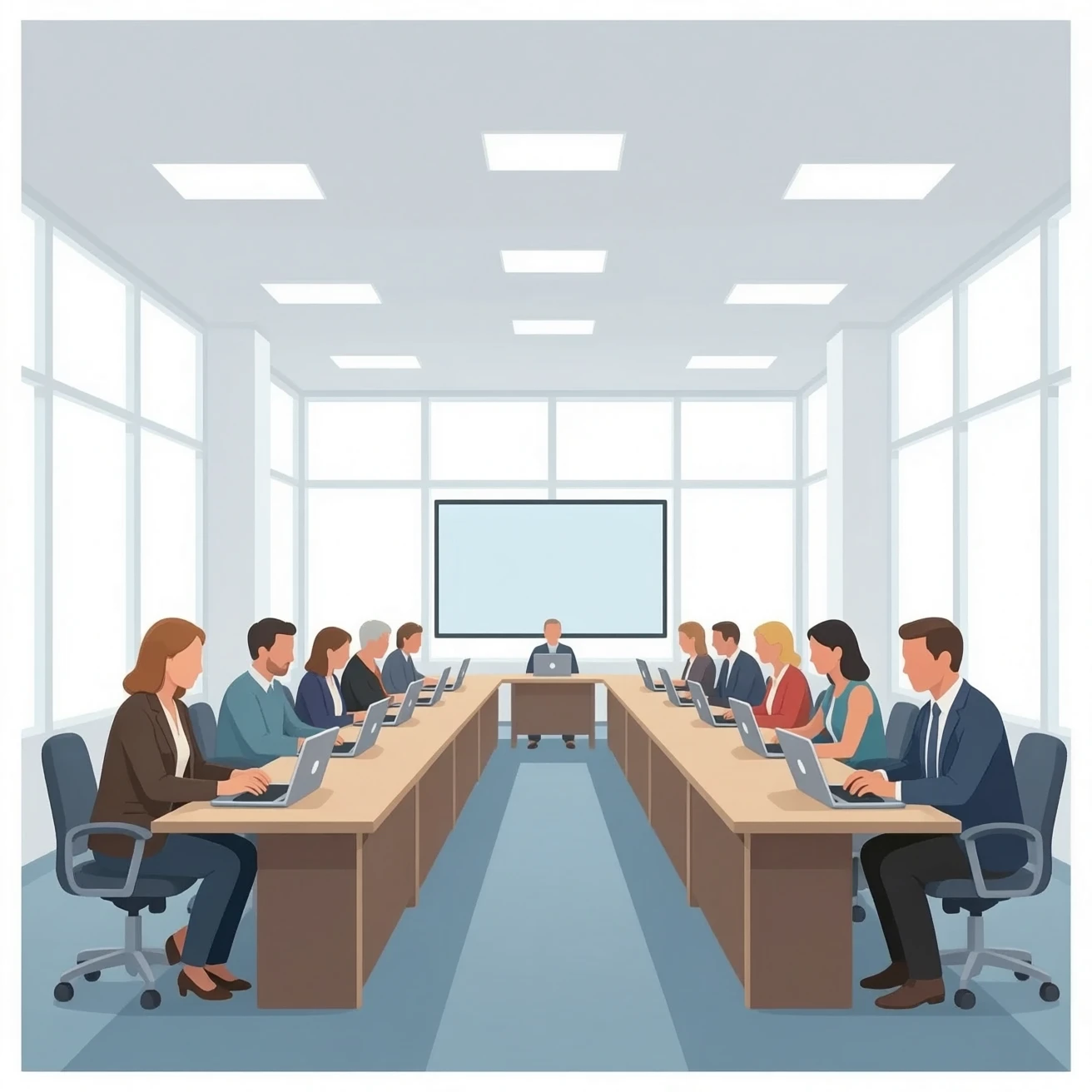 big conference  everyone  with laptops emoji