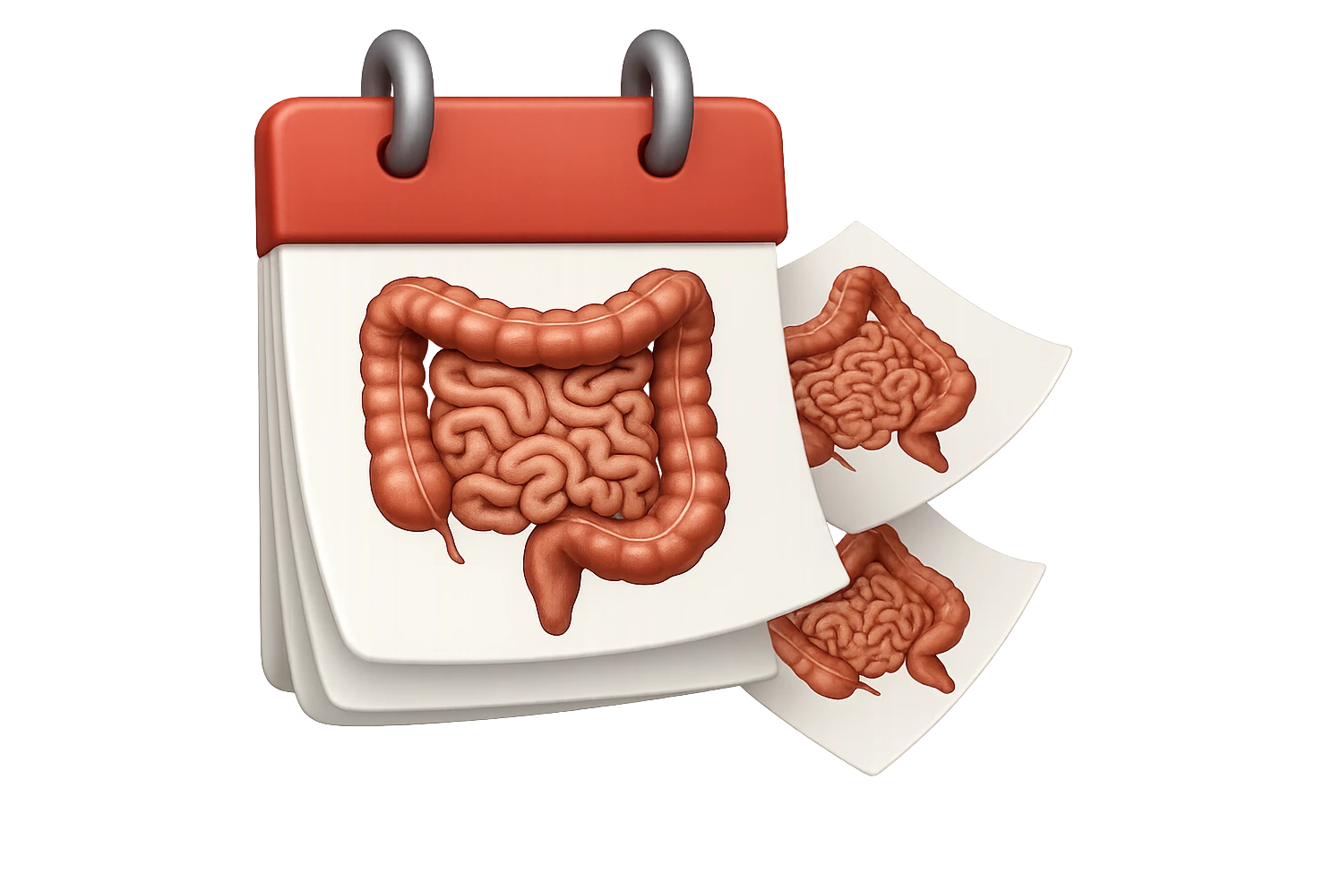 emoji stile iphone di un calendario con fogli che volano insieme, sui fogli ci sono disegnati degli intestini anatomici, iperrealistico 4k, isolato su sfondo bianco emoji