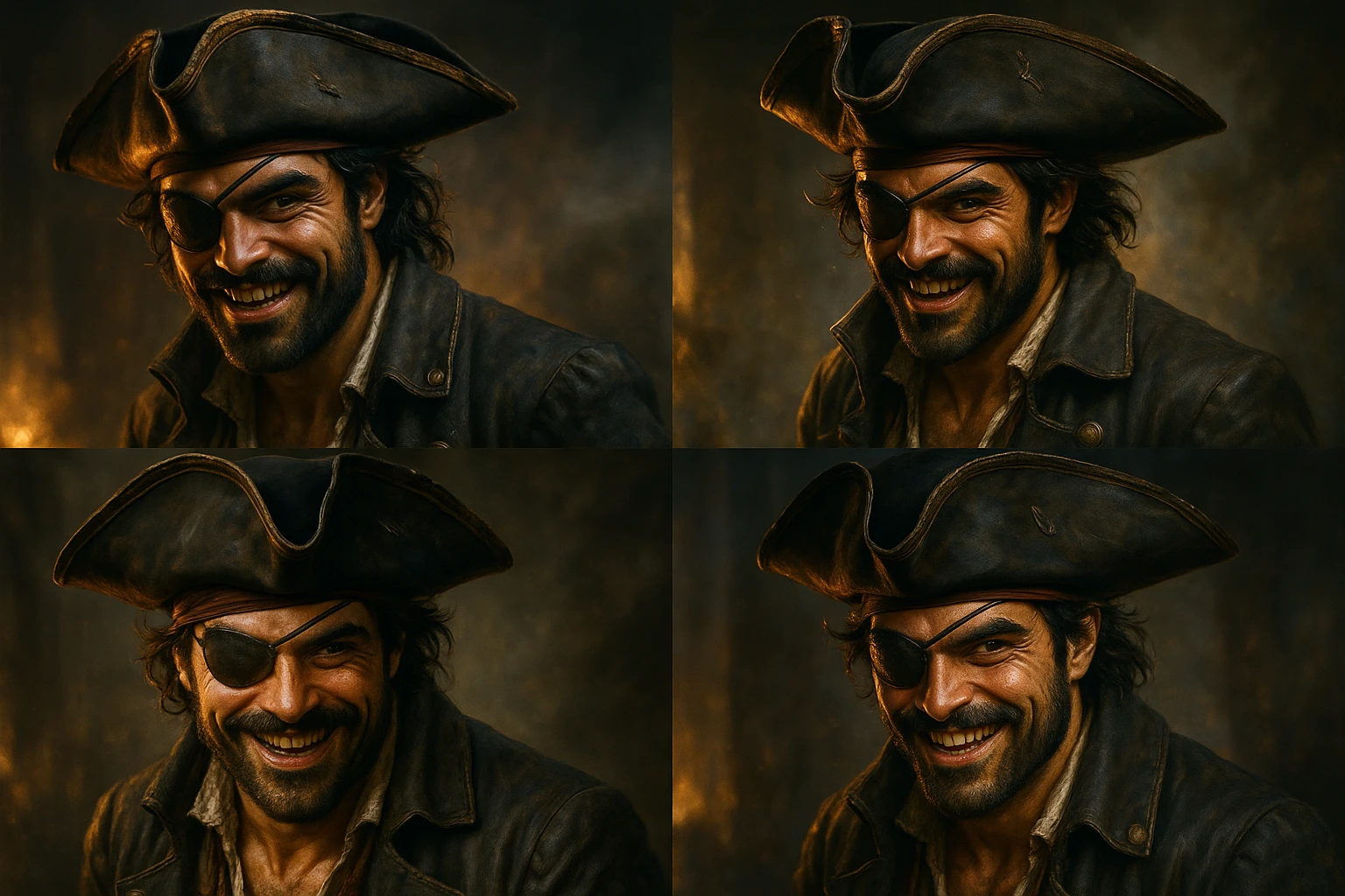 Sean Teale as a pirate wearing a tricorn hat and eyepatch, with a mischievous grin, four distinct visual takes, detailed character portrait, dynamic lighting, cinematic style emoji