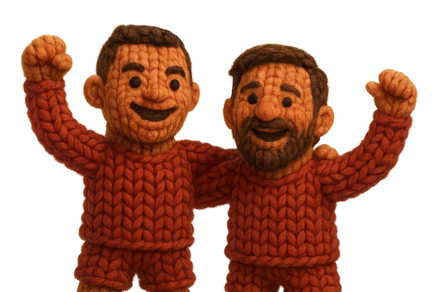 Cristiano Ronaldo and Lionel Messi, celebrating together, both as red knitted thread dolls, realistic painted cartoon style emoji