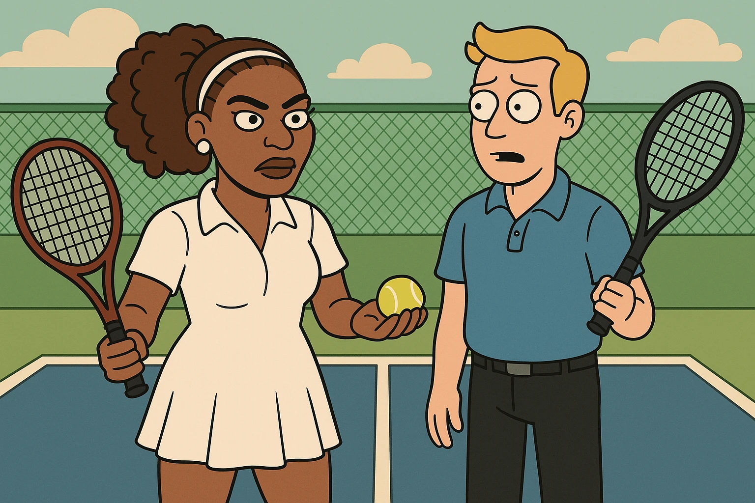 Serena Williams white shirt dress tennis racket one ball tennis a man dark yellow hair blue shirt black trousers tennis racket tennis court background  emoji