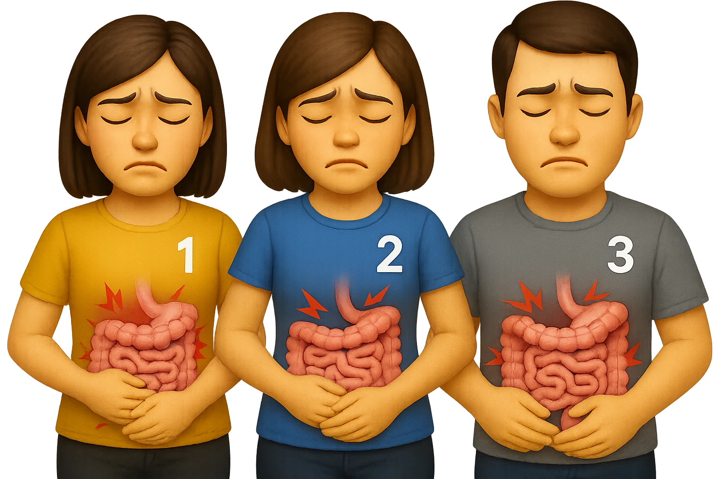 emoji stile iphone di 3 persone, due donne e un uomo, con intestino realistico e mal di pancia, sulle donne ci sono i numeri 1, 2 e sull'uomo il 3, iperrealistico 4k emoji