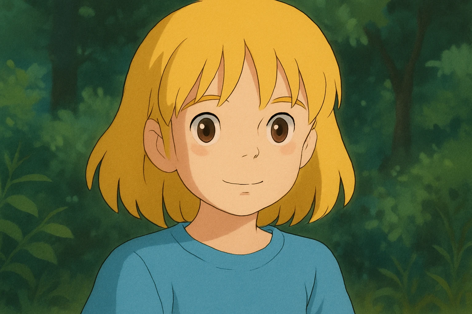 A girl yellow hair brown eyes blue t-shirt  emoji