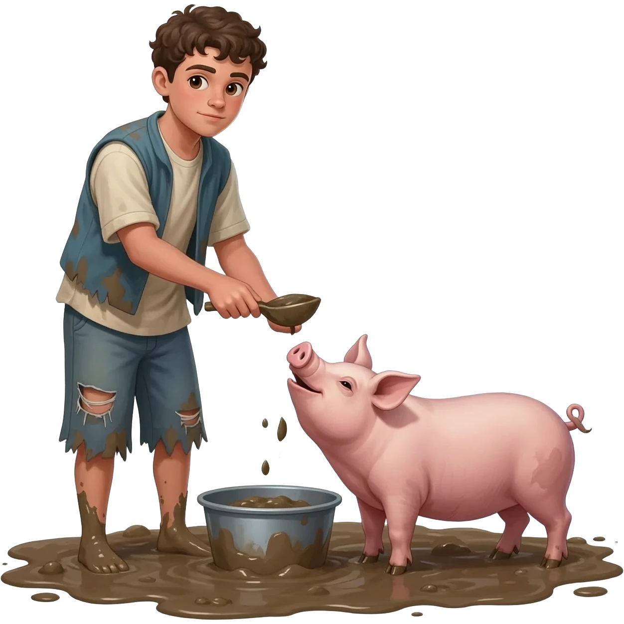 нарисую юношу 20-24 лет, как он кормит свиней в грязи   в рваной одежде  возрастом 20-24  года во весь рост  ,  времена древнего иерусалима emoji