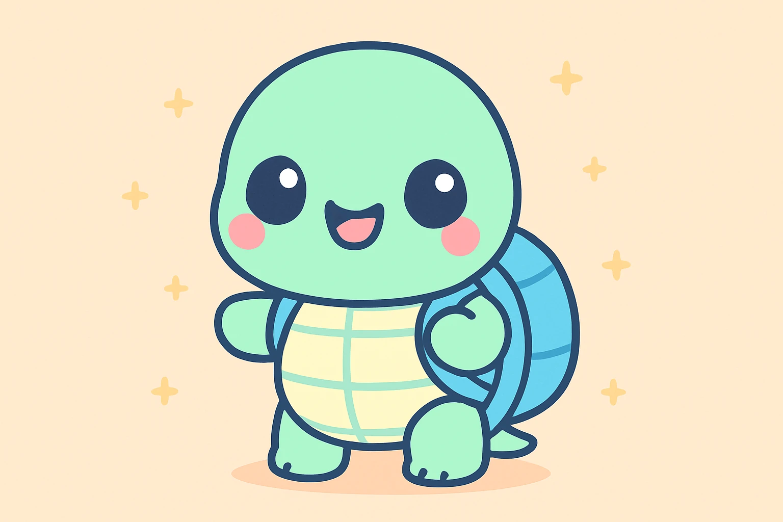 tortue qui part en voyage, style kawaii, avec sac à dos, expression enthousiaste emoji