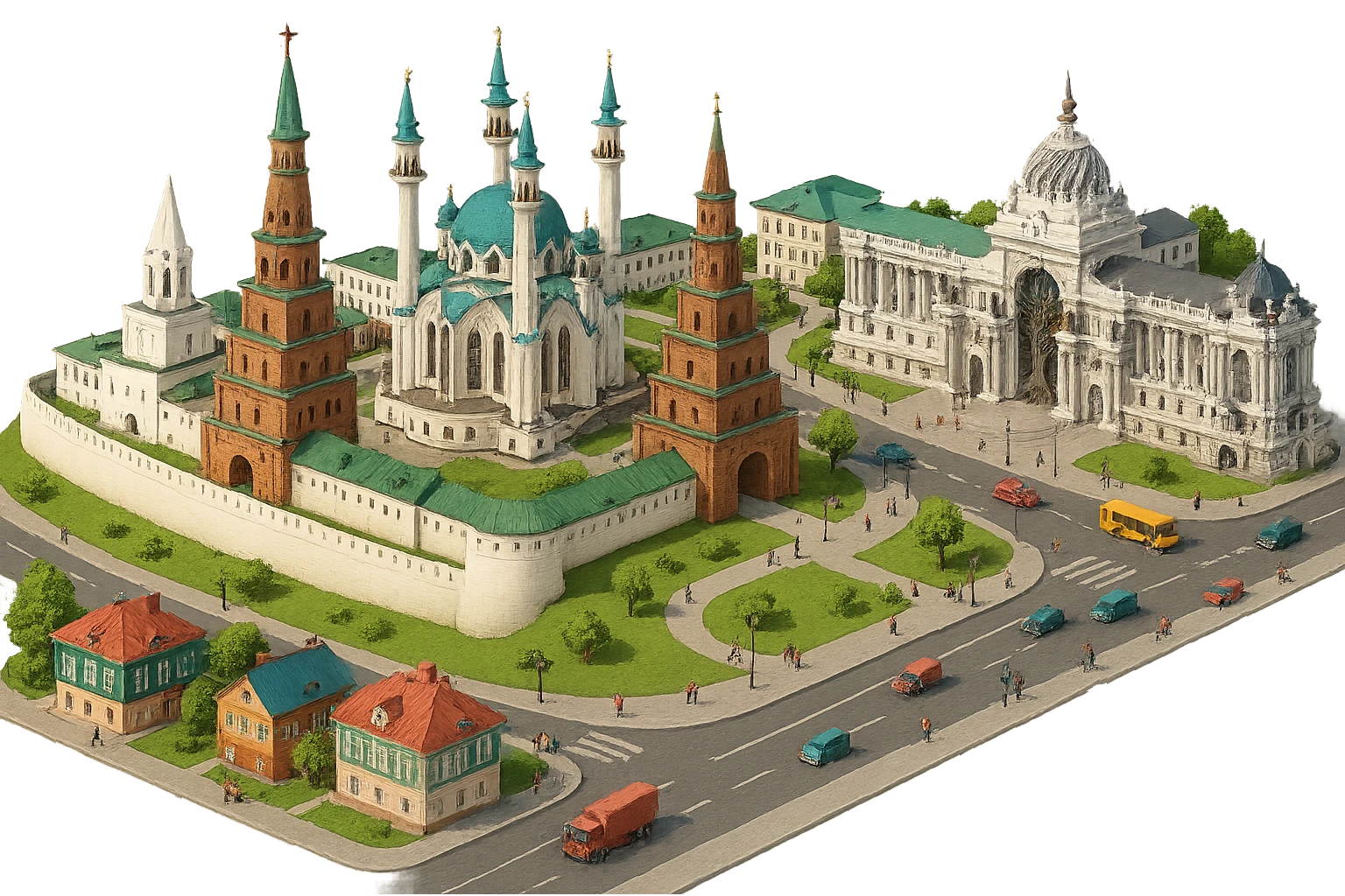 Изометричная миниатюрная фотореалистичная 3D модель панорамы Казани - Казанский Кремль, Кул-Шариф, Башня Сююмбике, Дворец земледельцев, казанские дома, автотранспорт четкие линии, яркие цвета, мультяшный реализм, люди, автотранспорт, компактная композиция, вид сверху в изометрии, прозрачный фон emoji