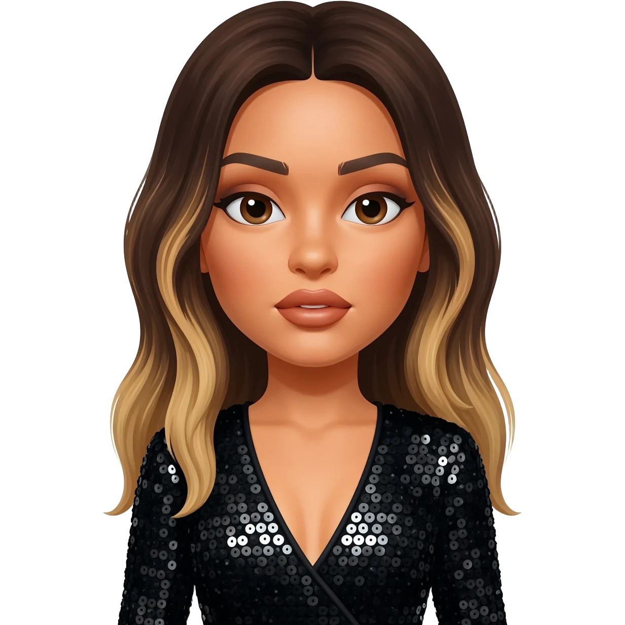 Jade Thirlwall with brown eyes, long dark brown hair with light blonde, black sequin jumpsuit emoji