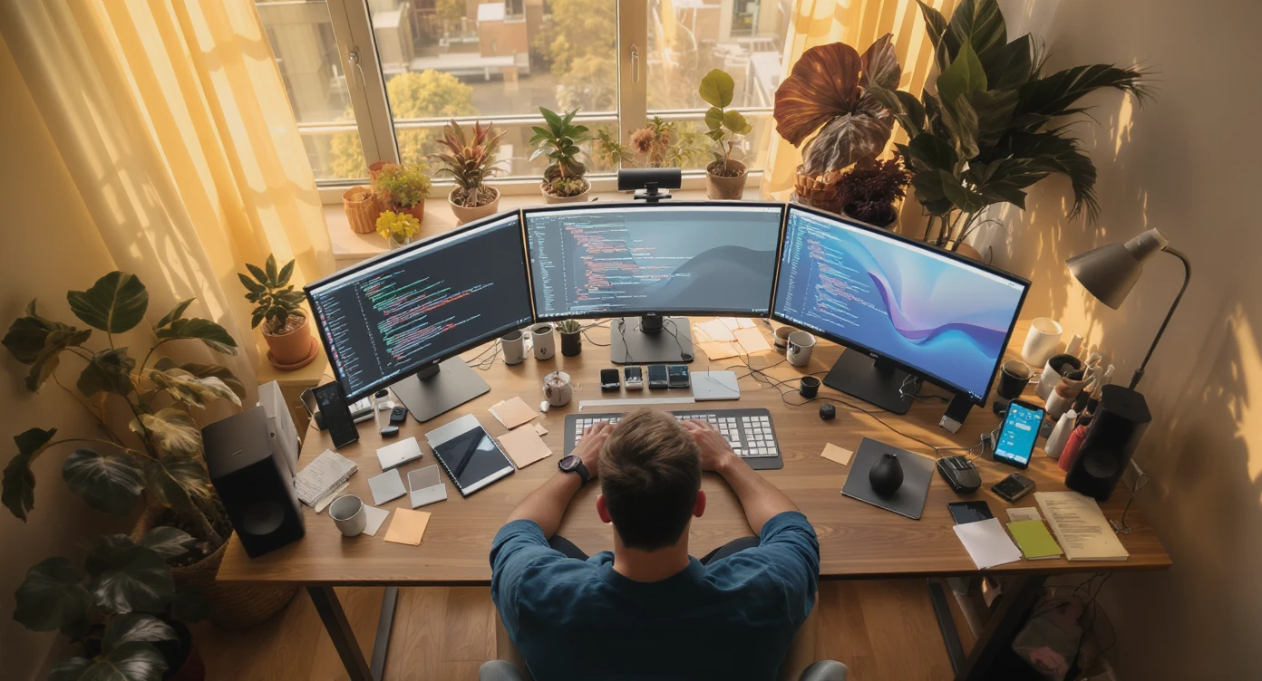 Cinematic shot of a programmer programming on tripple display setup PC, top dutch angle, Warm bright vibe, modern apartament around plants notes, model is dress like designer, morning, big window, captured on arri alexa emoji