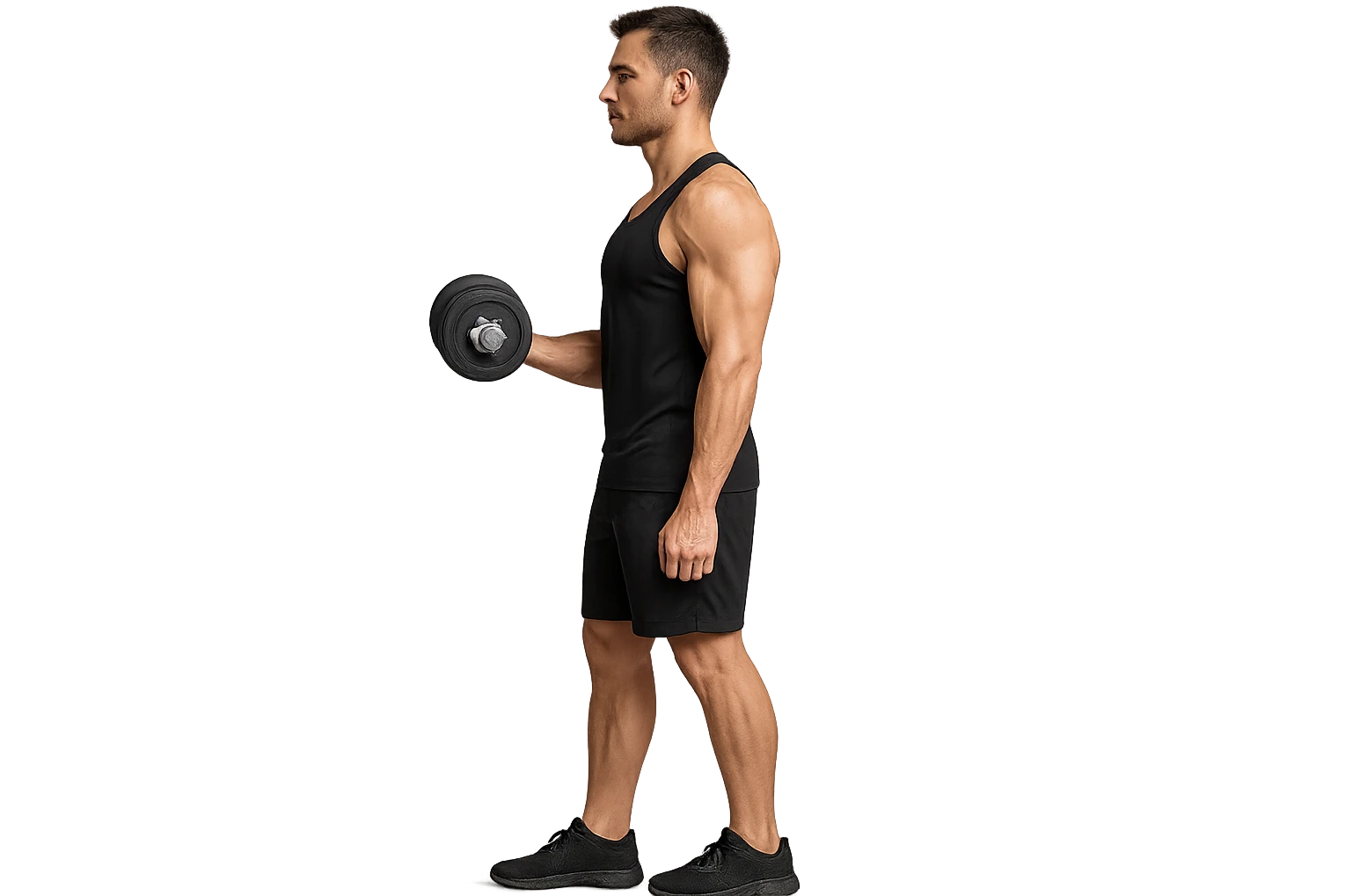uomo fitness di profilo a figura intera con manubrio da palestra in mano, iperrealistico 4k emoji
