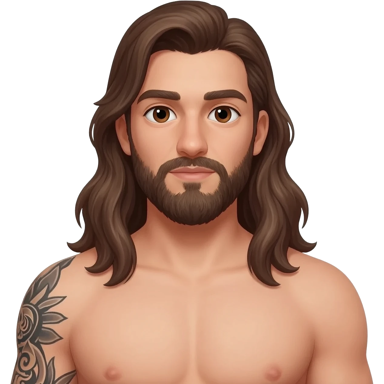 Male long, brunette, brown eyed beard, tattoo, arm, sleeves, fully body nude with a 20 inch long dick emoji