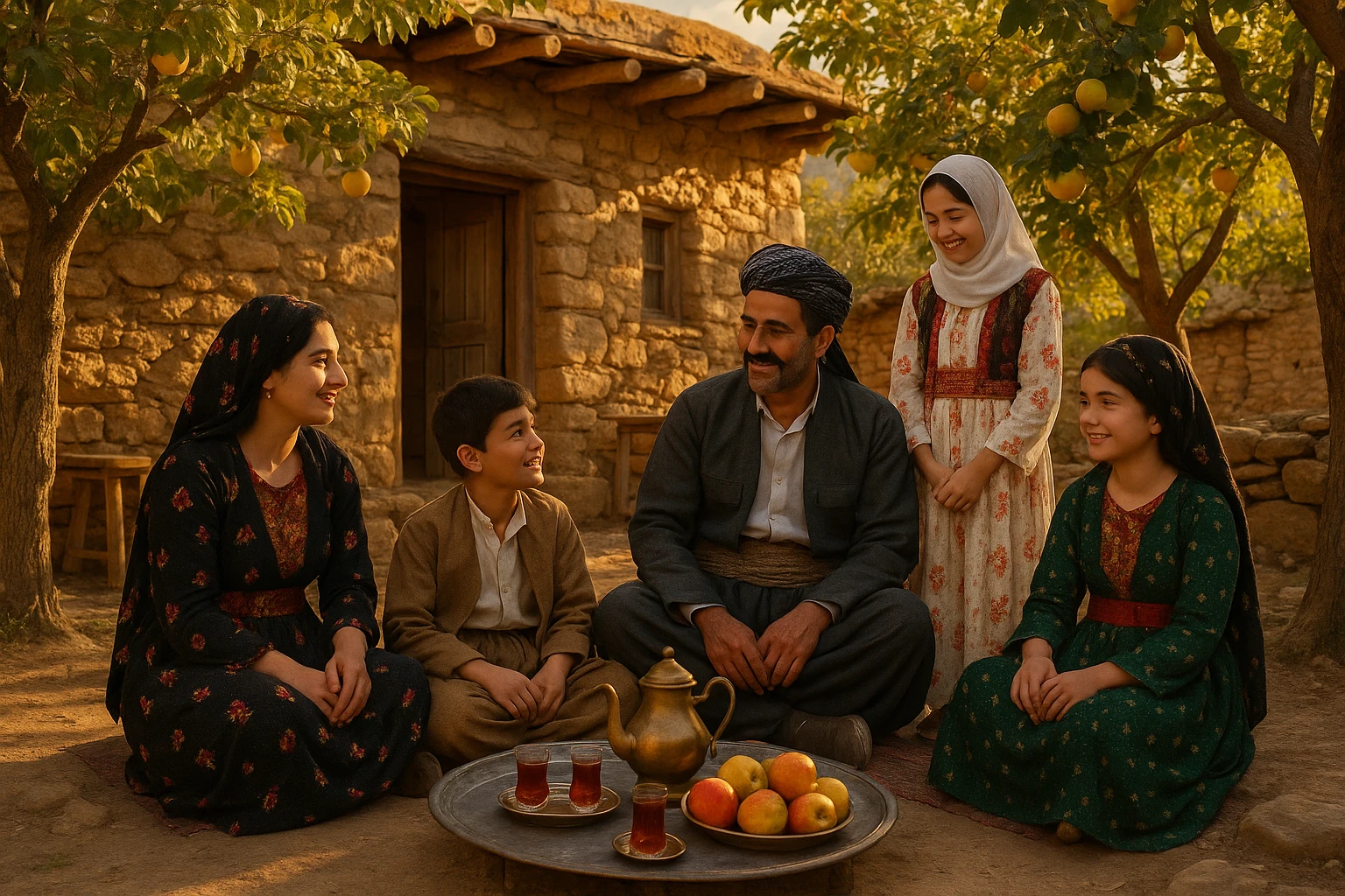 کوردی rural village scene, Kurdish family gathering outside, tea set, fruit trees, traditional clothes, rustic setting, warm sunset emoji