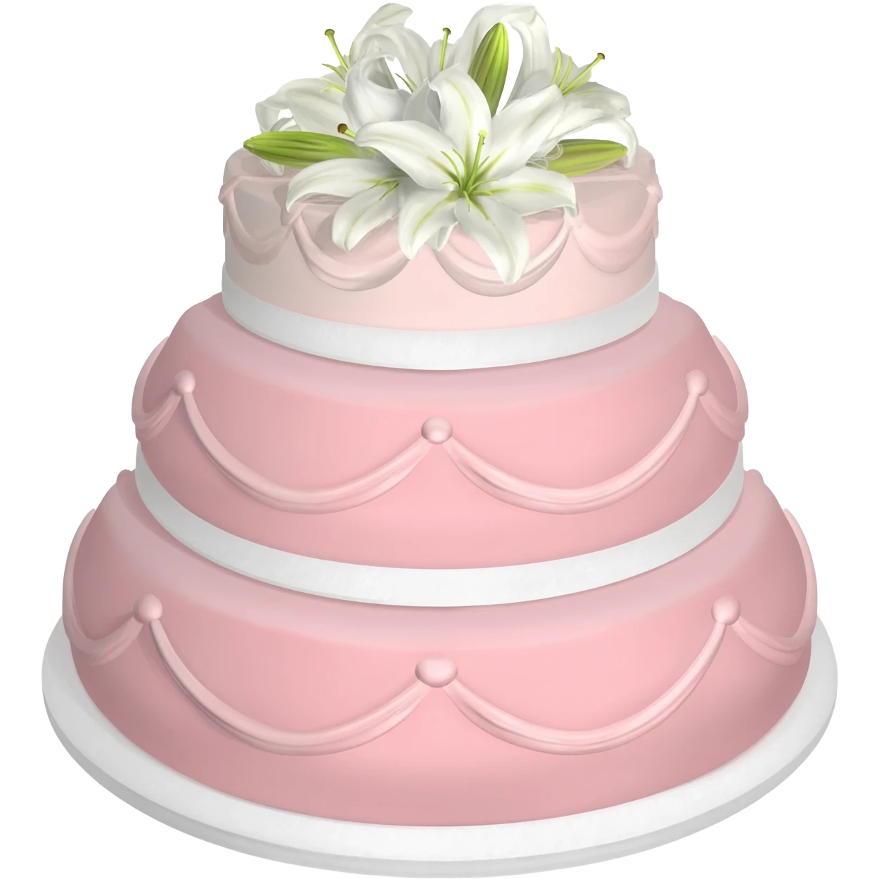 Pastel pink shaped wedding cake with and white lilies on top emoji