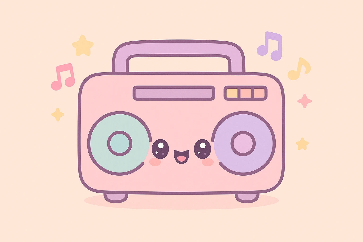 kawaii boombox with colorful speakers, musical notes, happy face, radiating party vibes emoji