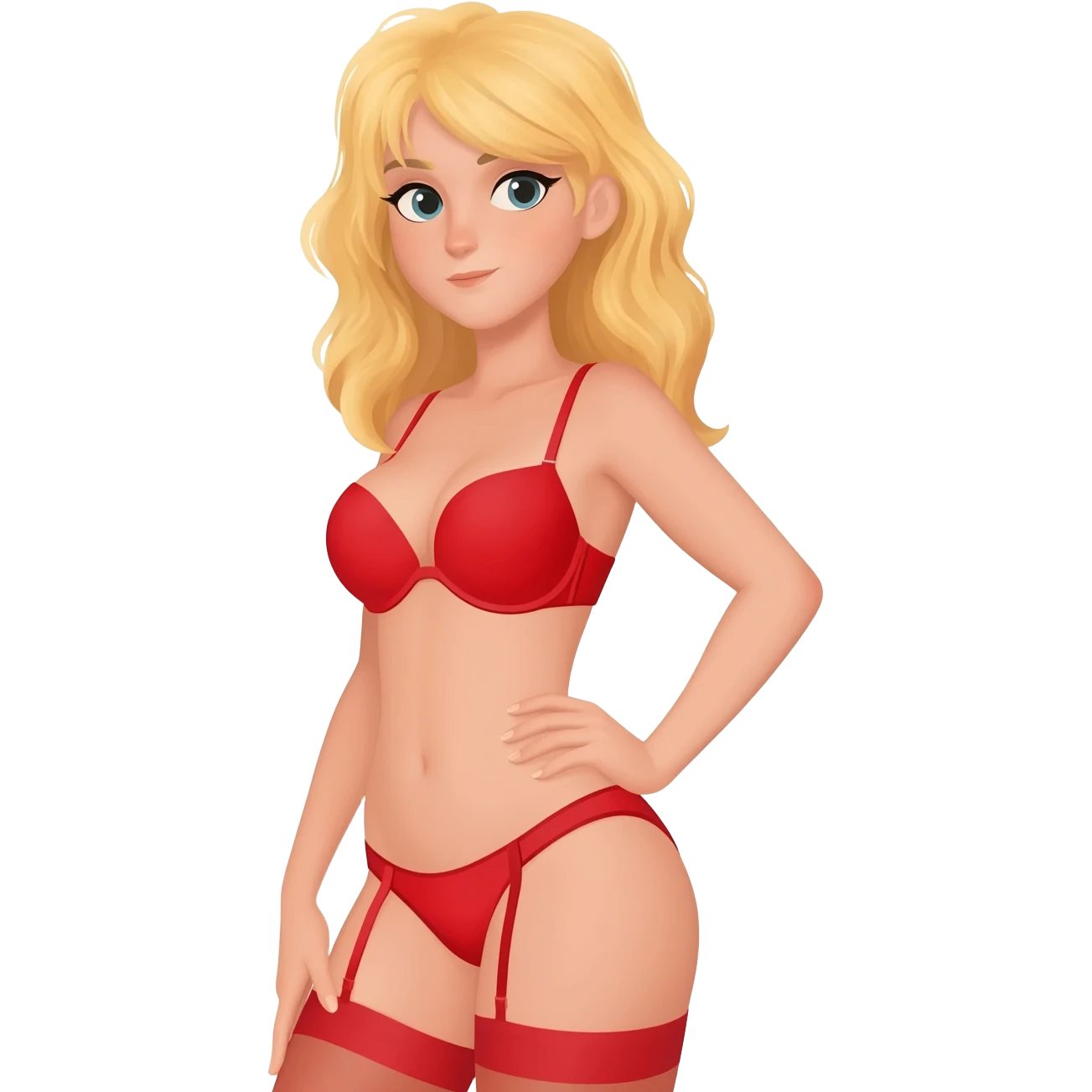 Blonde haired girl in any pose emphasize big butt busty breast in red song, red bra emoji