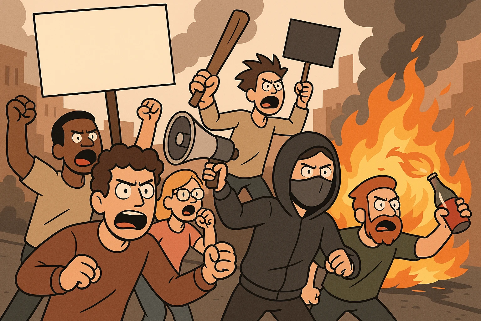 riot, group of people protesting, vibrant colors, flat toon style emoji