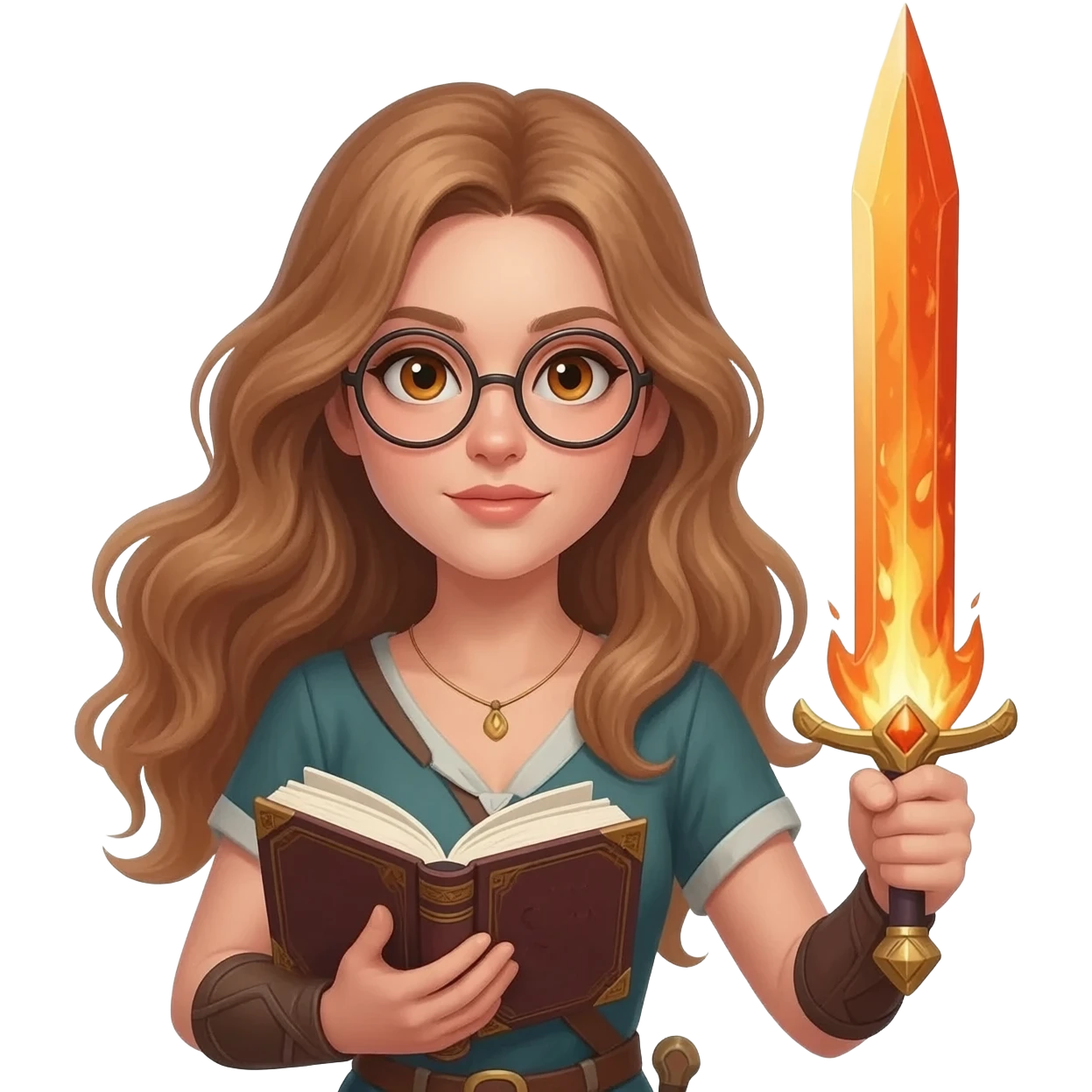 detailed emoji illustration of a woman with long light brown wavy hair and light brown eyes wearing round glasses, holding a book in one hand and raising a flaming sword in the other, heroic fantasy pose, emoji style emoji
