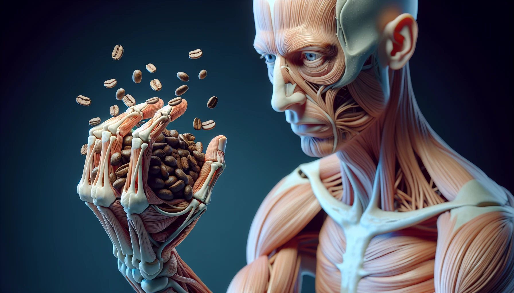 corpo umano anatomico che tiene in mano una manciata di chicchi di caffè e la guarda come se fosse dipendente da essa, stralunato, iperrealistico 4k emoji