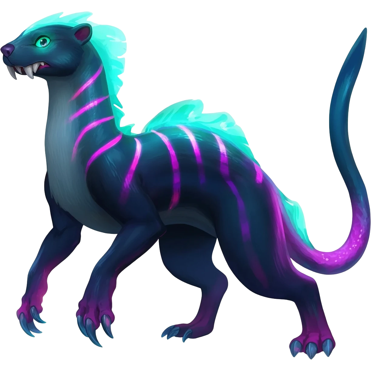 Colorful bioluminescent dark abysmal abyssal neon-glowing Trico-Sergal-Furret-Ferret-Wolverine-Vernid-fusion-Fakemon-animal-hybrid-creature, full body emoji