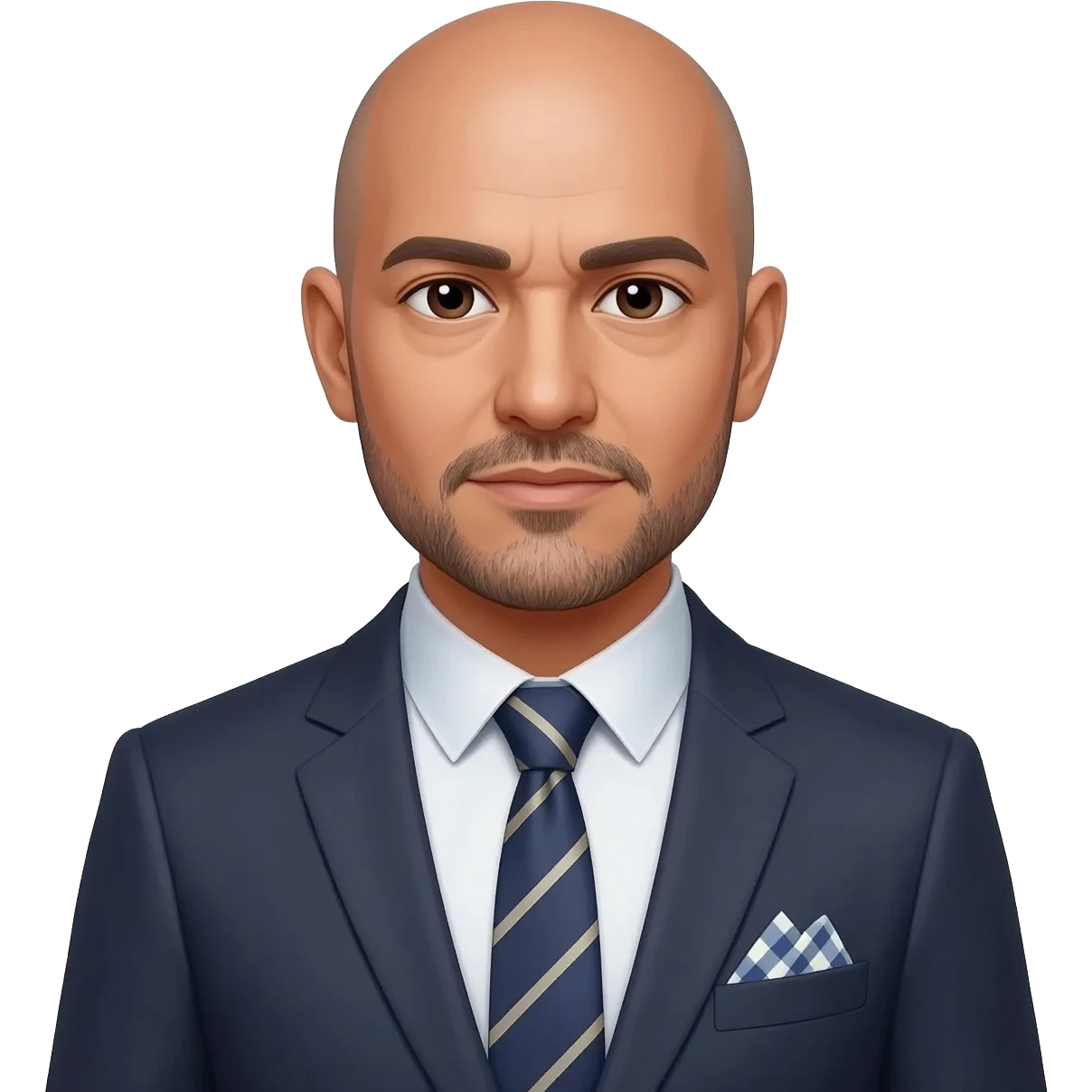40-year-old organisation consultant, hispanic, slim, narrow small head, balding, straight eyebrows,  almond-shaped eyes, with a horizontal emphasis rather than a round look, facial hair in suit, tie and handkerchief emoji