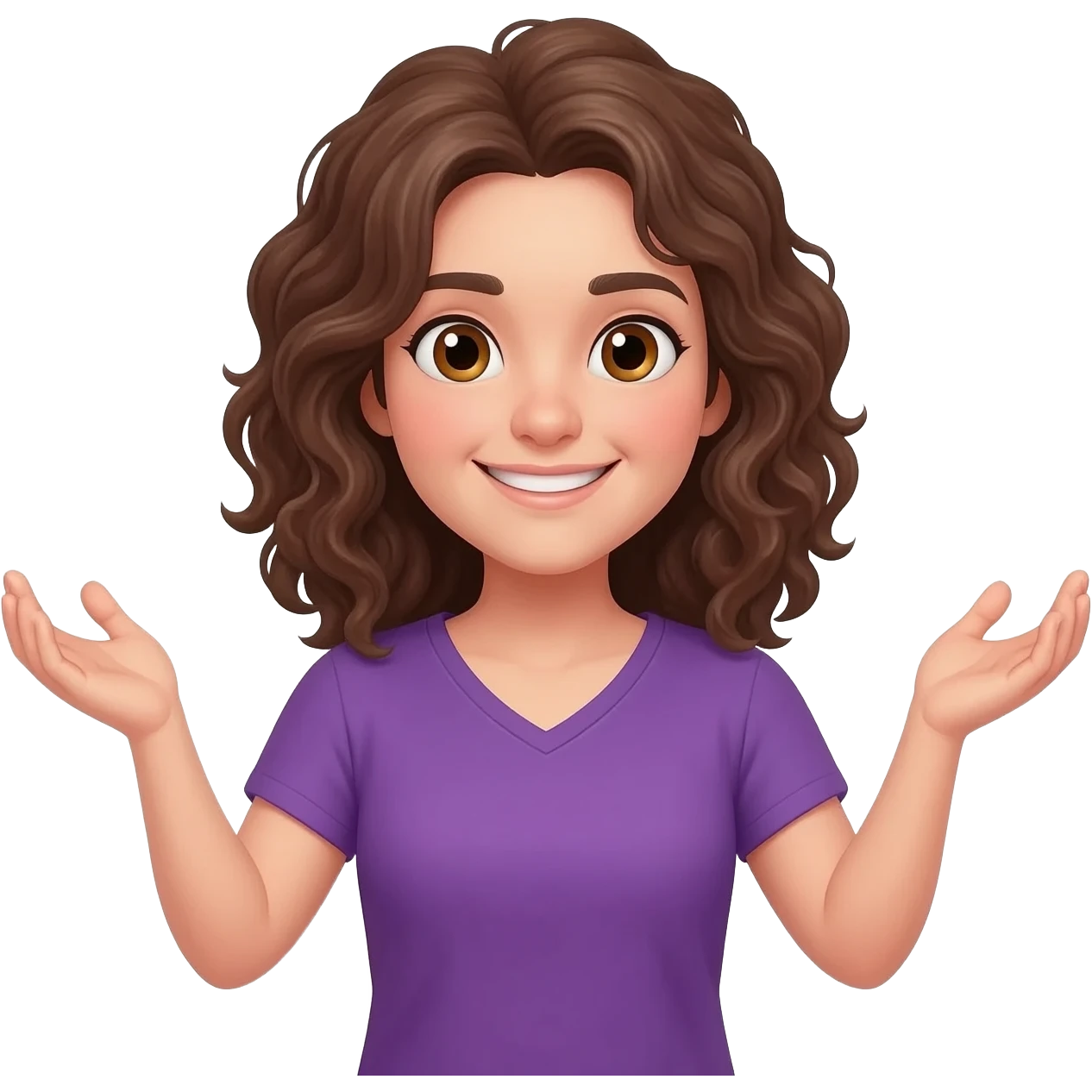 smiling face, brown curly shoulder length hair, hair touching shoulders, hazel eyes, pail skin, purple v-neck shirt, arms up in shrug emoji position emoji