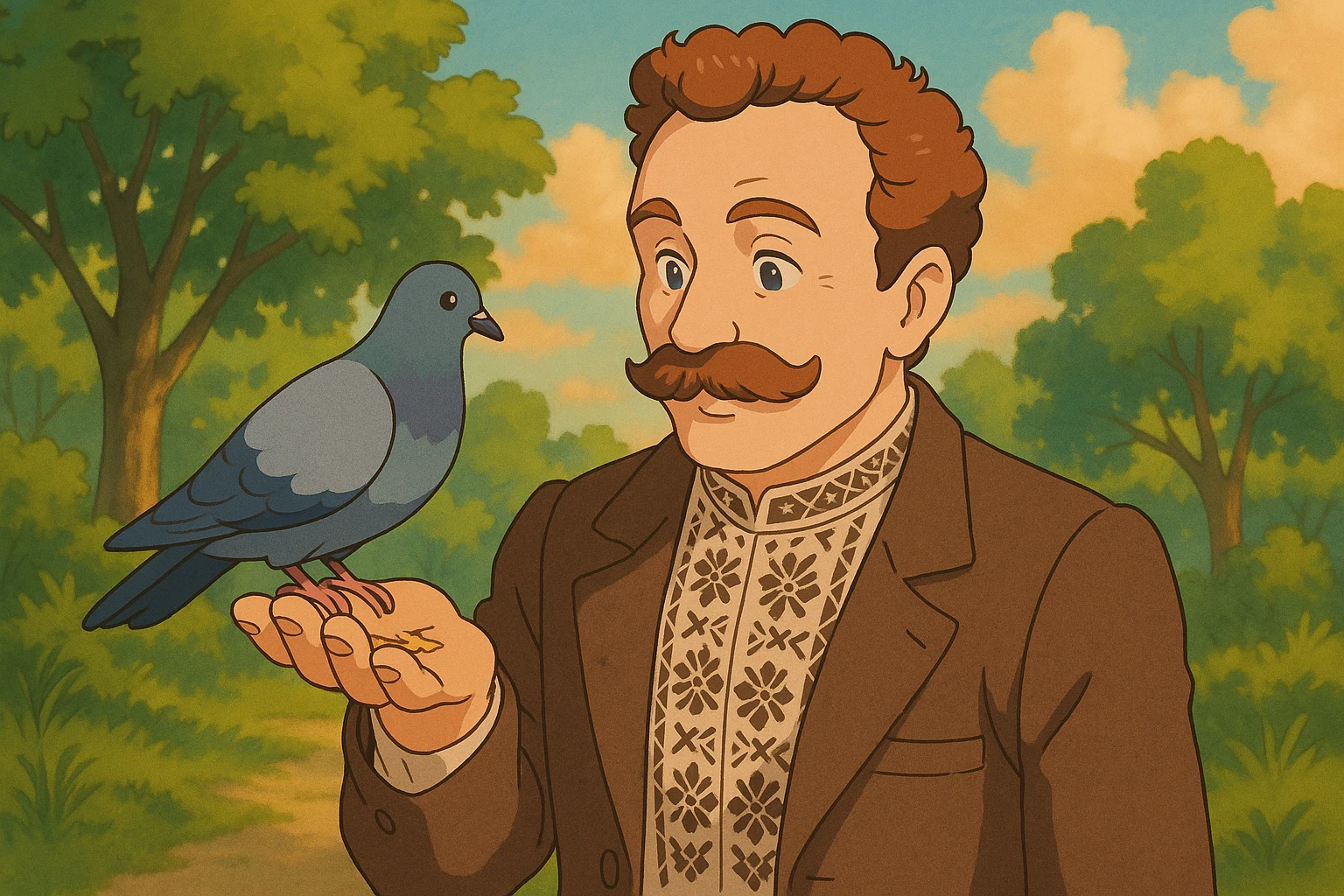 feeds a pigeon from his hand emoji