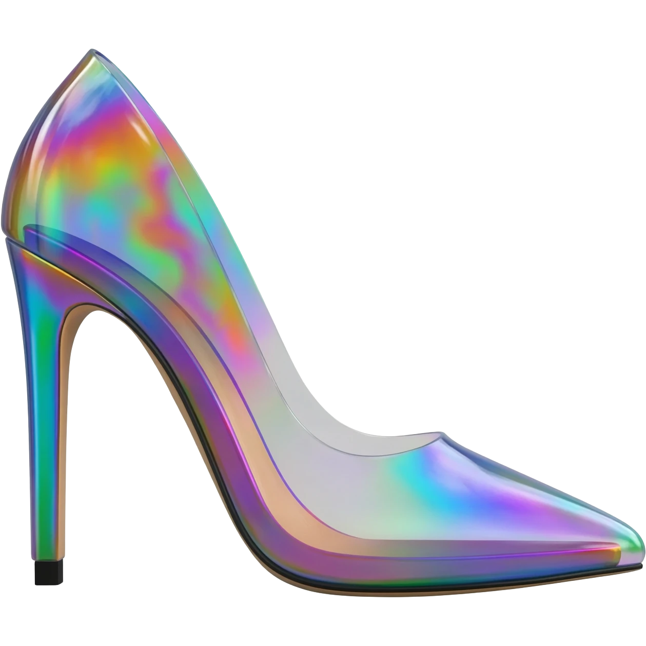 Holographic raindow effect open toe high heel pumps, side view, isolated, render, still life emoji
