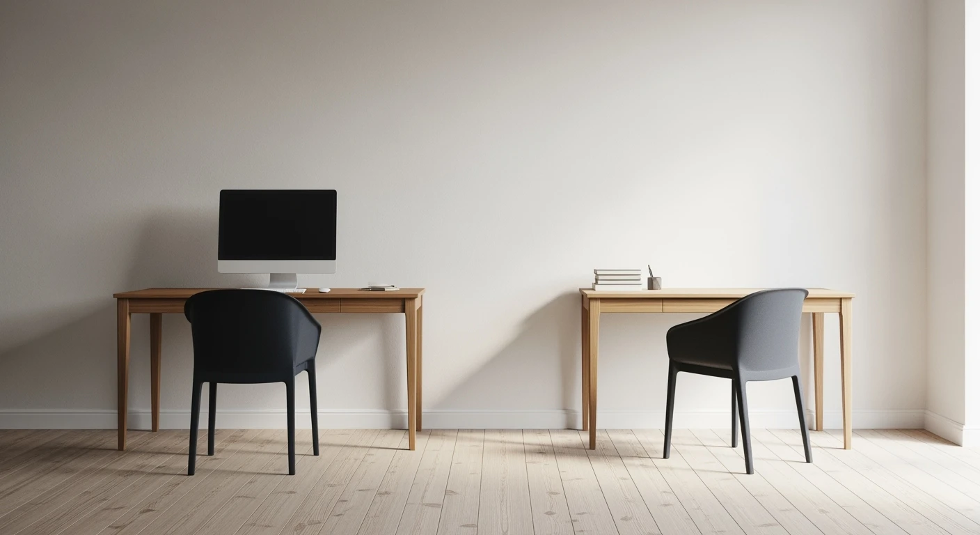 Editorial shot, Make this chair next to desk with mac setup, wooden modern floor, minimalistic room, contrast chair to wall, chair standing front to camera, soft bright light in room emoji