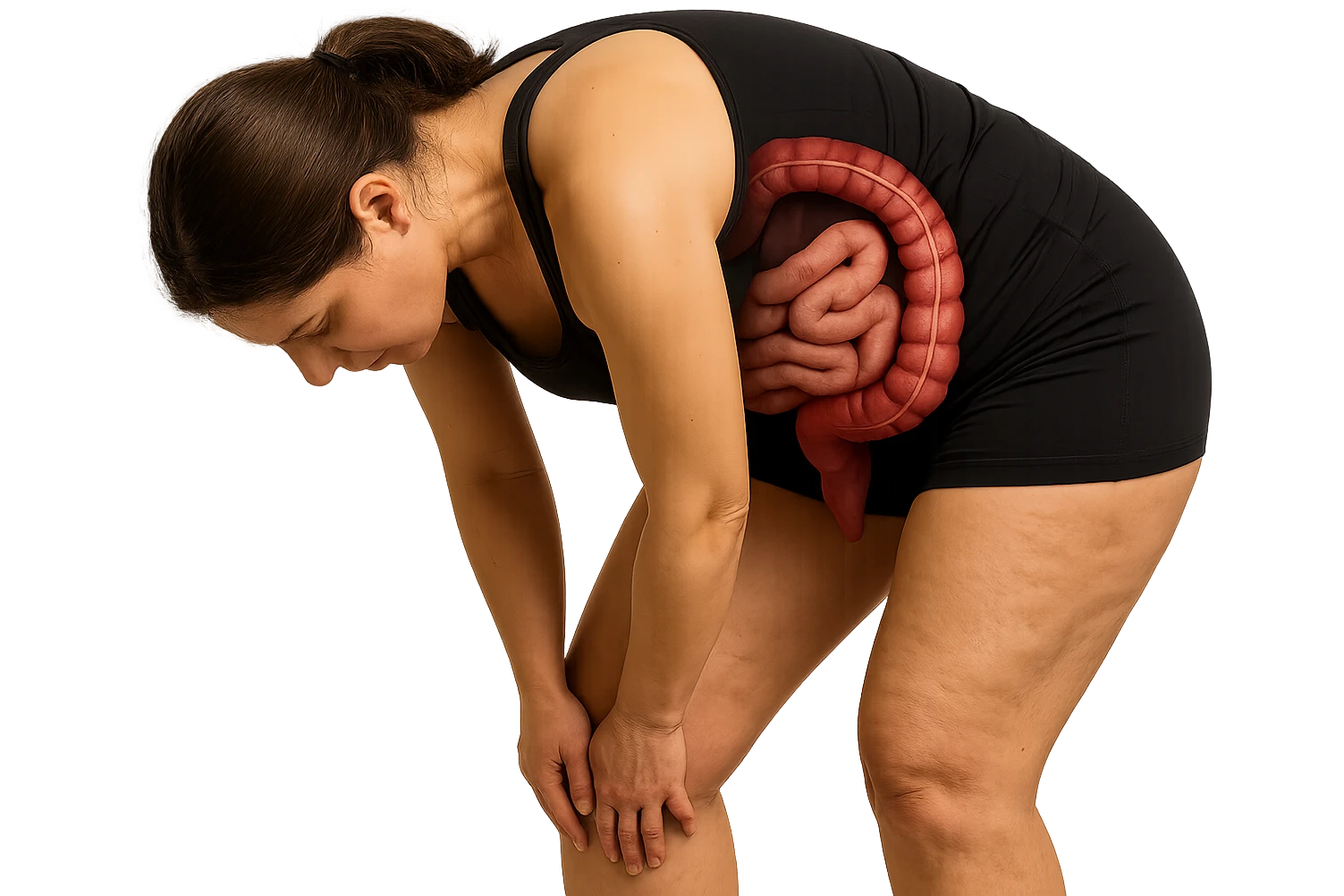 donna in gym shorts con intestino anatomico in evidenza di spalle piegata a toccarsi le cosce grasse, sulle cosce ha cellulite visibile, iperrealistico 4k emoji
