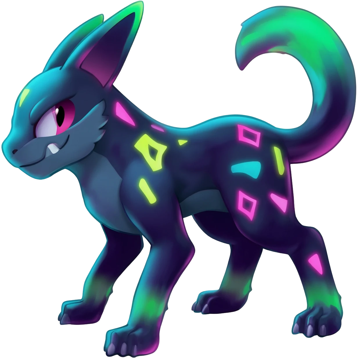 Rare realistic dark-neon glowing bioluminescent edgy badass epic pretty beautiful handsome gorgeous aesthetic colorful vibrant Vernid-Trico-species-Fakemon-creature by LiLaiRa, 4 legs, 1 tail, random markings, (full body) emoji