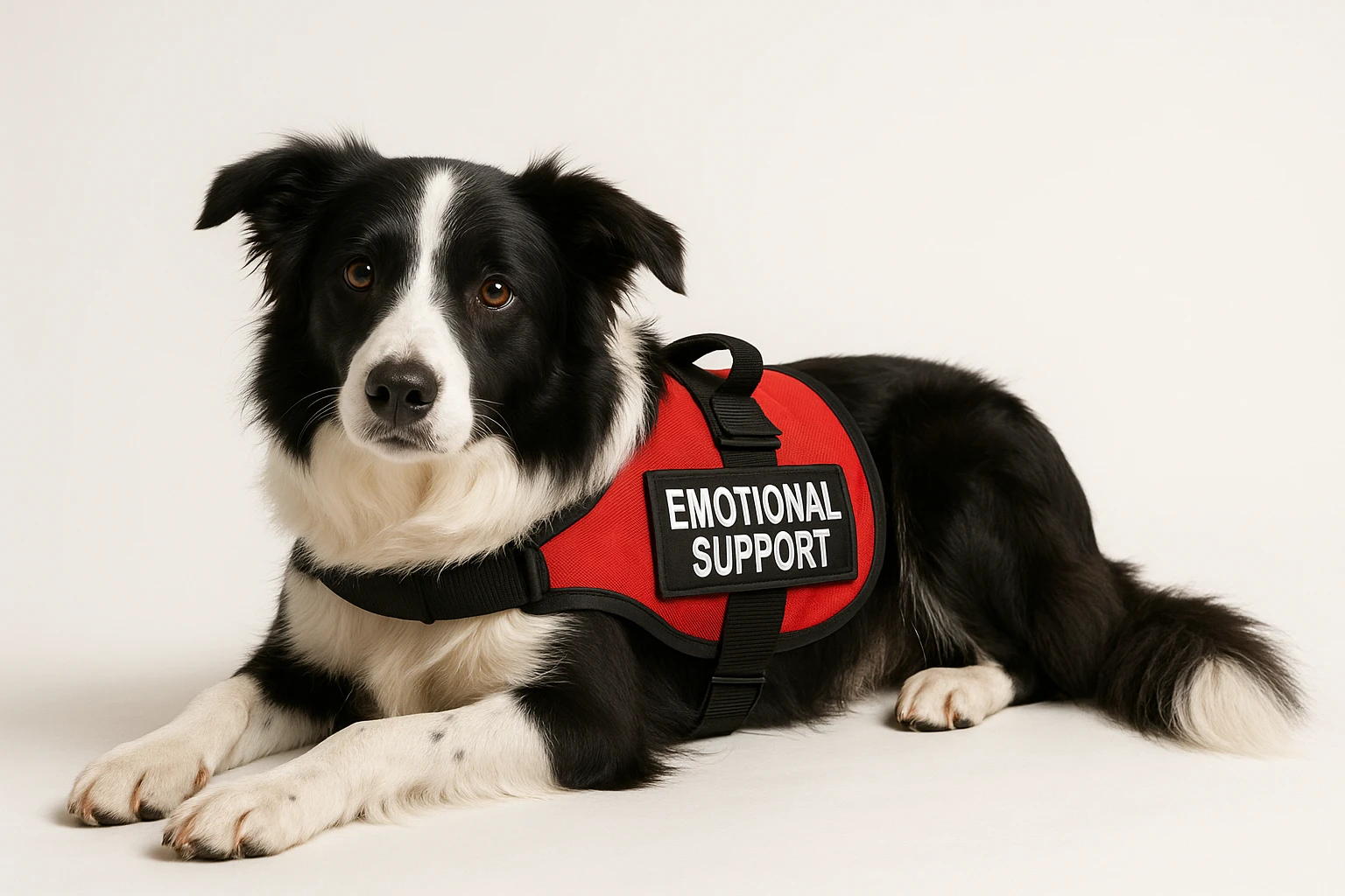border collie with black and white fur, emotional support vest, lying down, gentle eyes, white background emoji