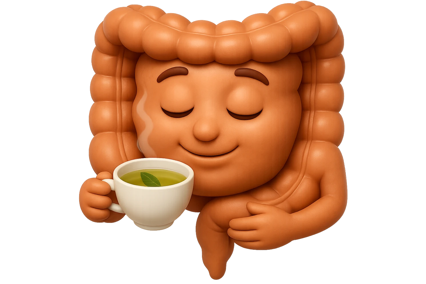 emoji stile iphone 3d di intestino umano sereno che si tocca la pancia mentre sorseggia un thè alle erbe, iperrealistico 4k emoji