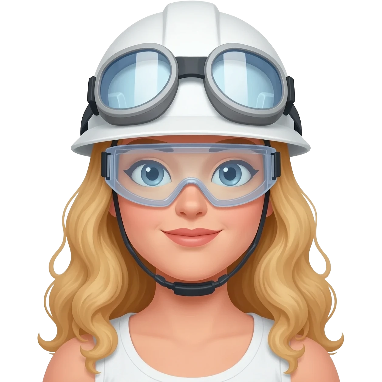 Emoji casco blanco construcción con lentes, mujer pelo largo con rulos en las puntas rubio emoji