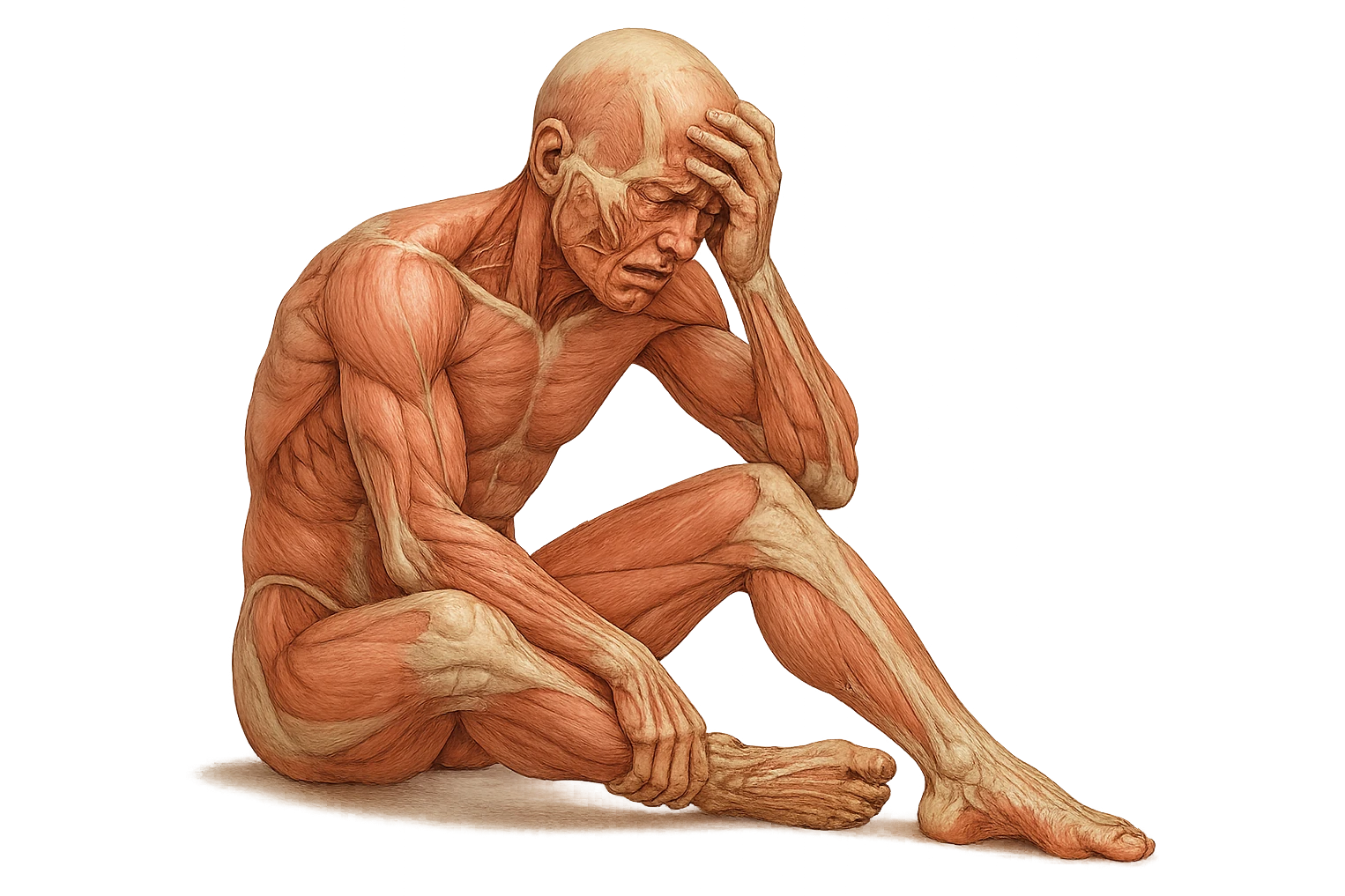 corpo umano anatomico realistico seduto a terra con postura delle spalle chiuse, mani sulla fronte ed espressione disperata in volto, isolato su sfondo bianco emoji