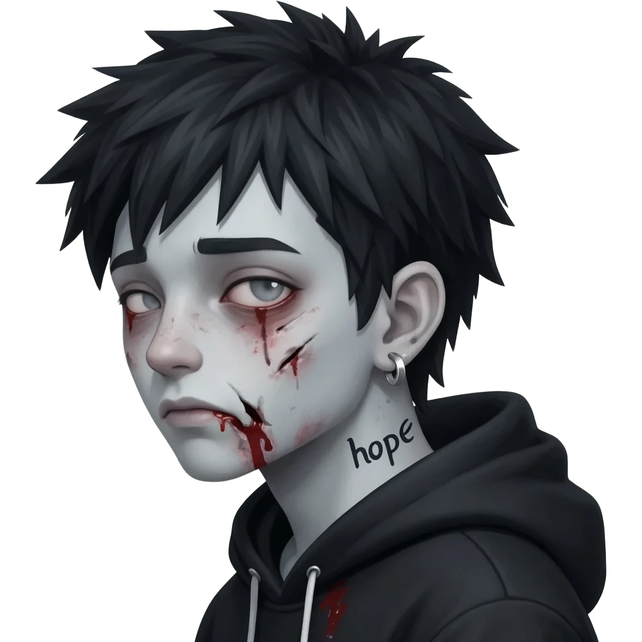 zombie boy with spiky hair and black hoodie zip one-sided earrings tattoo with the word "hope". emoji