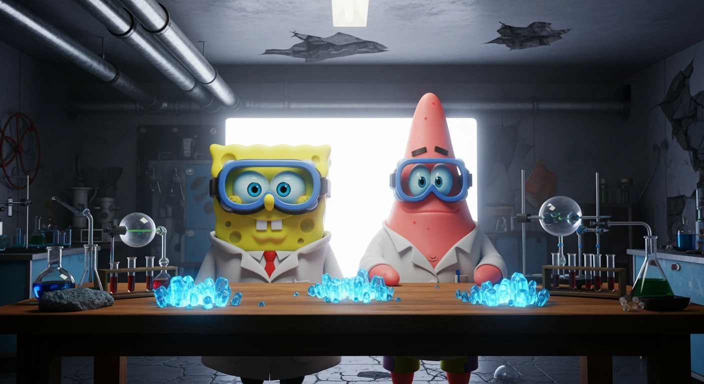 3D cienmatic cartoon shot, spongebob and patric dress in safety glasses and safe white outfit, the are standing front of table with blue crystals on table glowing (light source) science room in basement, back light, Cinema 4d render, proffesional lightning emoji