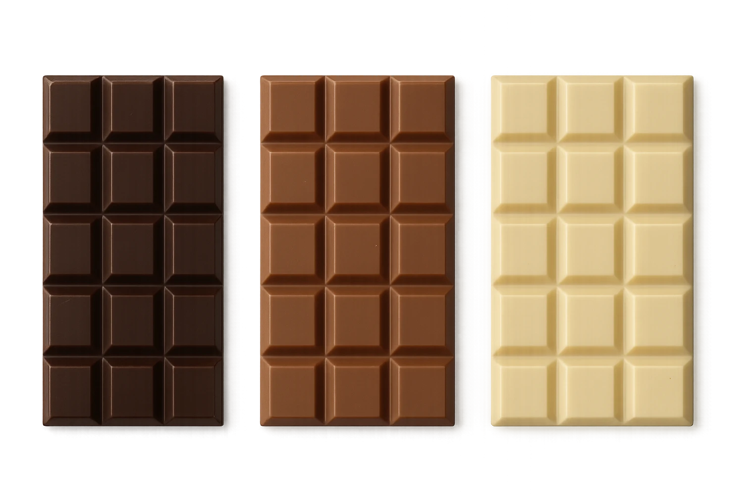 3 BARRETTE DI CIOCCOLATO, UNA FONDENTE, UNA AL LATTE E UNA BIANCA, VISTE DALL'ALTO, IPERREALISTICO 4K emoji
